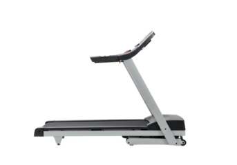 Modern treadmill with sleek design, black running belt and silver frame, isolated on white background