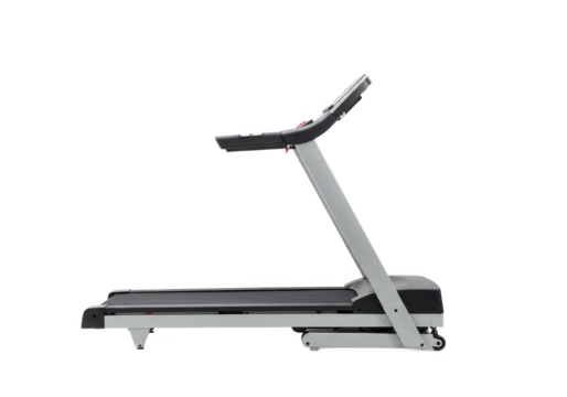 Modern treadmill with sleek design, black running belt and silver frame, isolated on white background