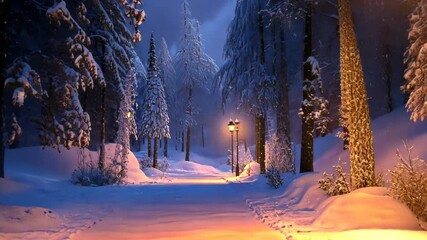 Snow-covered forest path illuminated by lanterns during a serene winter evening - Powered by Adobe