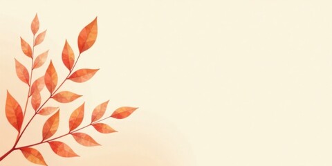 Autumnal Branch with Orange Leaves on Beige Background