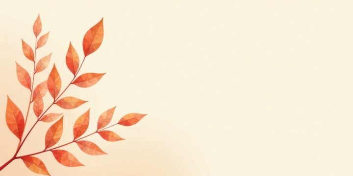 Autumnal Branch with Orange Leaves on Beige Background