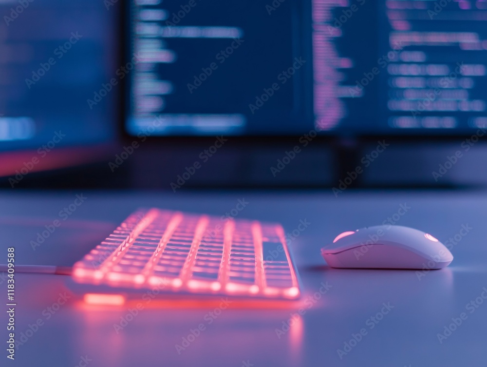 Aufkleber Futuristic Neon Keyboard and Mouse on Streaming Setup Desk with Live Chats Display