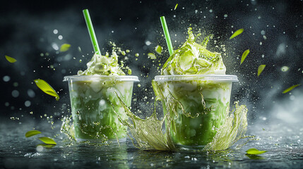 High-speed macro photography green matcha latte splash transparent cup fresh lime mint garnish dynamic liquid motion vibrant food beverage promotion drop straw dessert product marketing mockup