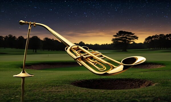 A vivid image of a golden trumpet emerging from the evening-lit fairway of a golf course. The trumpet mouthpiece was stuck in the ground at the 17th hole, as if it had taken root.