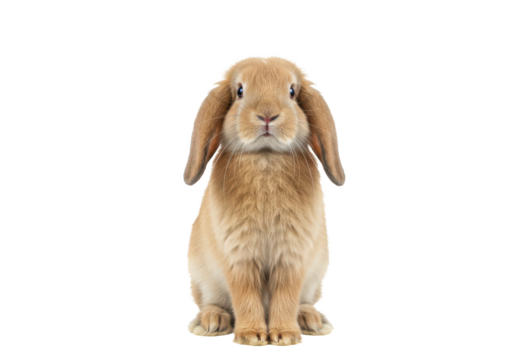 A light brown rabbit with long ears standing upright, isolated on white background