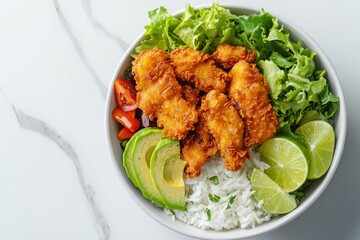 Fototapeta premium photo of bowl with avocado, rice, salad and crispy golden chicken on marble background 