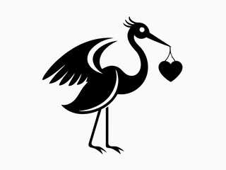 Black and white illustration, stylized stork silhouette, long-legged bird, elegant pose, heart-shaped pendant in beak, wings spread, minimalist design, graphic art style, simplified shapes, iconic sym