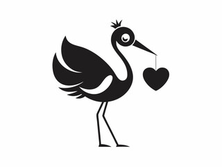 Black and white illustration, stylized stork silhouette, long-legged bird, elegant pose, heart-shaped pendant in beak, wings spread, minimalist design, graphic art style, simplified shapes, iconic sym