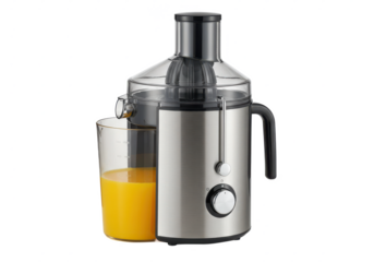 A modern electric juicer with a transparent container half-filled with orange juice, isolated on white background