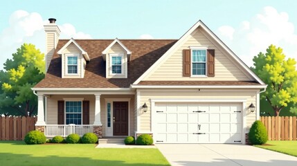 Charming Suburban Home with Brown Roof and White Garage Door