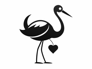 Black and white illustration, stylized stork silhouette, long-legged bird, elegant pose, heart-shaped pendant in beak, wings spread, minimalist design, graphic art style, simplified shapes, iconic sym