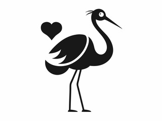 Fototapeta premium Black and white illustration, stylized stork silhouette, long-legged bird, elegant pose, heart-shaped pendant in beak, wings spread, minimalist design, graphic art style, simplified shapes, iconic sym
