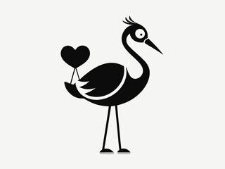 Obraz premium Black and white illustration, stylized stork silhouette, long-legged bird, elegant pose, heart-shaped pendant in beak, wings spread, minimalist design, graphic art style, simplified shapes, iconic sym