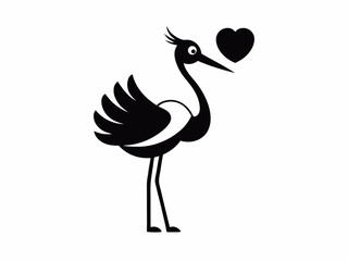 Black and white illustration, stylized stork silhouette, long-legged bird, elegant pose, heart-shaped pendant in beak, wings spread, minimalist design, graphic art style, simplified shapes, iconic sym