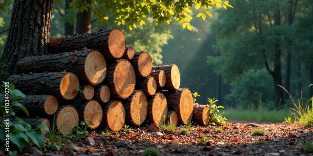 Aufkleber sunlit logs stacked in a verdant forest setting