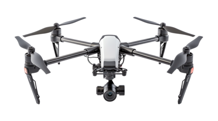 High-tech quadcopter drone with camera and carbon fiber arms, isolated on transparent and white background