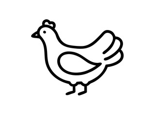 Simple line drawing, minimalist chicken illustration, black and white, bold outlines, stylized bird, side view, single stroke artwork, clean design, graphic icon, farm animal silhouette, simplified sh
