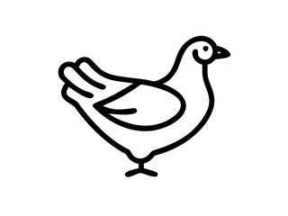 Simple line drawing, minimalist chicken illustration, black and white, bold outlines, stylized bird, side view, single stroke artwork, clean design, graphic icon, farm animal silhouette, simplified sh