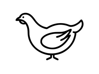 Simple line drawing, minimalist chicken illustration, black and white, bold outlines, stylized bird, side view, single stroke artwork, clean design, graphic icon, farm animal silhouette, simplified sh