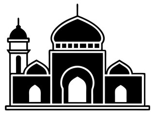 Islamic mosque architecture, black and white silhouette, ornate domes, minarets, arched entrances, geometric patterns, Middle Eastern style, symmetrical design, iconic religious structure, simplified 