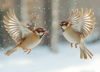 Fototapeta premium Two sparrows in flight during a snow flurry