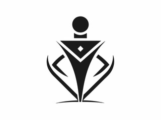 Minimalist geometric logo, abstract human figure, black and white design, symmetrical composition, stylized head and body, triangular shapes, circular element, simple clean lines, modern corporate ide