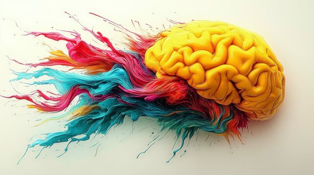 Creative depiction of a yellow brain from a top-down view, surrounded by vibrant light trails and neural connections representing mental stimulation