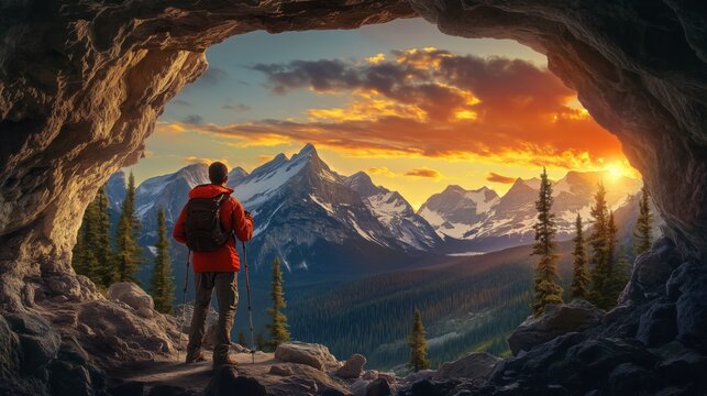 The traveling tourist admires the views of the vast mountain tops. 