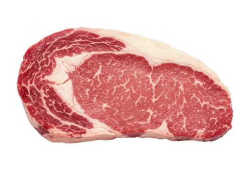 Raw ribeye steak isolated on white background, no depth of field, sharp.