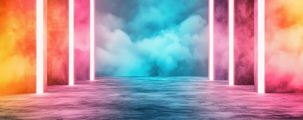 Watercolor abstract background idea. A surreal landscape with vibrant colors and ethereal lights illuminating the atmosphere.