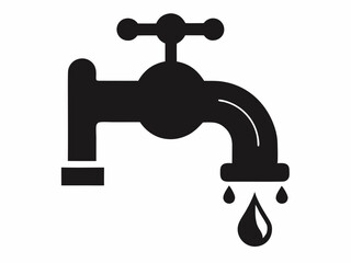 Water faucet icon, simple line drawing, minimalist design, dripping tap, black and white illustration, plumbing symbol, water conservation concept, single droplet, curved spout, valve handle, clean gr