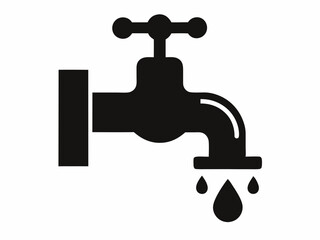 Water faucet icon, simple line drawing, minimalist design, dripping tap, black and white illustration, plumbing symbol, water conservation concept, single droplet, curved spout, valve handle, clean gr