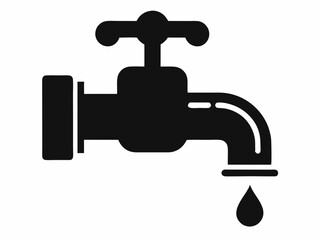 Water faucet icon, simple line drawing, minimalist design, dripping tap, black and white illustration, plumbing symbol, water conservation concept, single droplet, curved spout, valve handle, clean gr