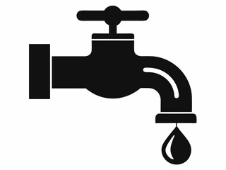 Water faucet icon, simple line drawing, minimalist design, dripping tap, black and white illustration, plumbing symbol, water conservation concept, single droplet, curved spout, valve handle, clean gr