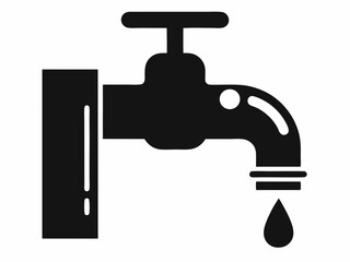 Water faucet icon, simple line drawing, minimalist design, dripping tap, black and white illustration, plumbing symbol, water conservation concept, single droplet, curved spout, valve handle, clean gr