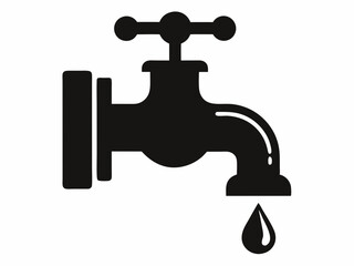 Water faucet icon, simple line drawing, minimalist design, dripping tap, black and white illustration, plumbing symbol, water conservation concept, single droplet, curved spout, valve handle, clean gr