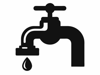 Water faucet icon, simple line drawing, minimalist design, dripping tap, black and white illustration, plumbing symbol, water conservation concept, single droplet, curved spout, valve handle, clean gr