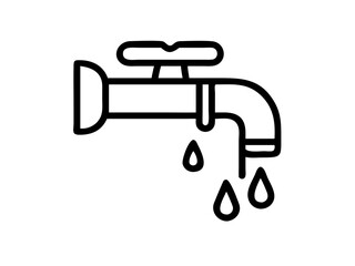 Water faucet icon, simple line drawing, minimalist design, dripping tap, black and white illustration, plumbing symbol, water conservation concept, single droplet, curved spout, valve handle, clean gr