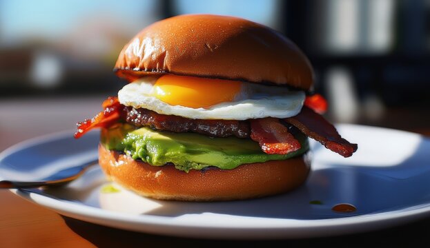 Golden-brown burger bun with an egg, bacon, and avocado.