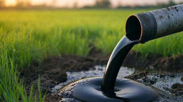 Oil spills from a pipe into a field, affecting the surrounding environment and crop land