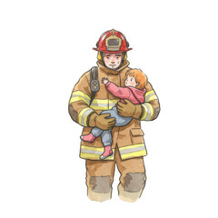 Obraz premium Heroic Firefighter Rescues Young Girl from Danger Urban Fire Scene Illustration Dramatic Setting Close-Up View Courage Concept