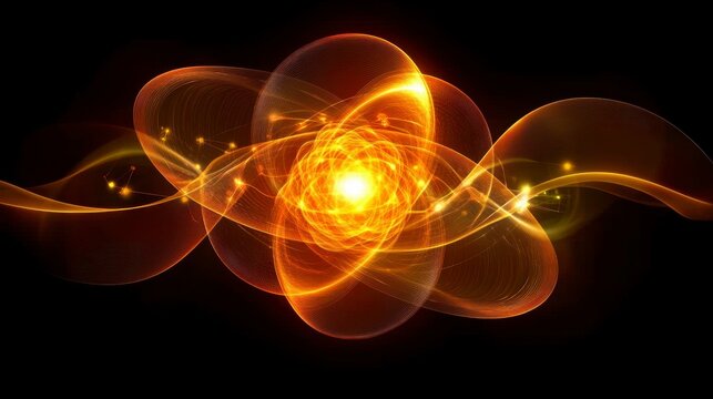 Futuristic design of quantum physics concepts, with glowing atoms and particles interacting in complex wave patterns, representing quantum mechanics and energy states