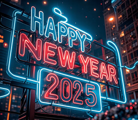 Happy New Year 2025 neon lettering.
