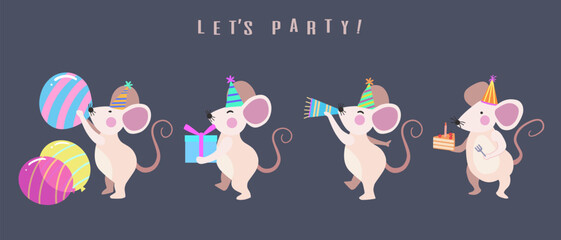 Happy birthday collection with white mouse cartoon character. Birthday party vector illustration for greeting card, invitation, event, poster, sticker, print.
