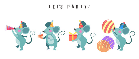Happy birthday collection with mouse cartoon character. Birthday party vector illustration for greeting card, invitation, event, poster, sticker, prints.