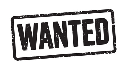 "WANTED" text stamp print. white background black drawing	