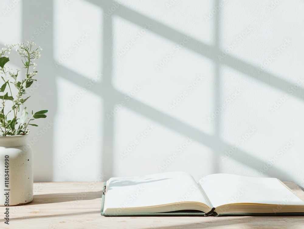Aufkleber Elegant Open Notebook with Calligraphy and Soft Window Light on Wooden Surface
