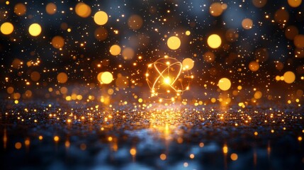 Fototapeta premium Futuristic concept of an atom, with glowing particles and electrons revolving around a central nucleus, symbolizing the building blocks of all matter