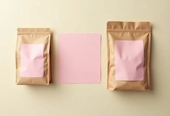 Creative Coffee and Tea Packaging: Two Brown Kraft Paper Bags with Blank Pink Labels on a Soft Pastel Background for Matcha and Cocoa Products