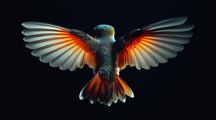 Naklejka premium Hummingbird in flight with glowing wings spread wide against a dark background emphasising its beauty